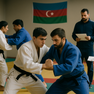 Azərbaycan cüdoçuları məşq zalında komanda məşqində; məşqçi heyət siyahısına baxır.