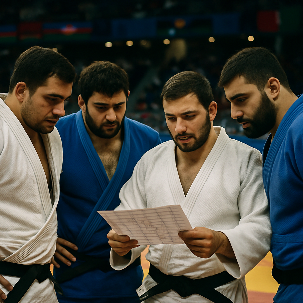 Four Azerbaijani heavyweight judoka review the tournament draw beside the mat at the Baku