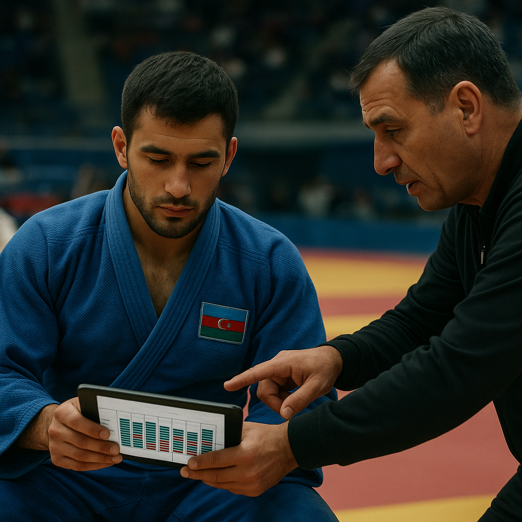 An Azerbaijani judoka and coach review tournament options beside a judo mat, with the