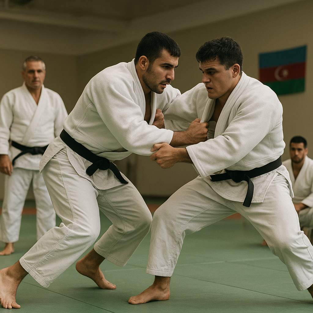 Two Azerbaijani judoka push through an intense grip-fighting drill at a training camp as