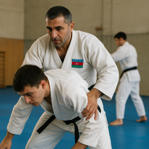 An Azerbaijani judo coach guides a national-team athlete through a precise technique during daily