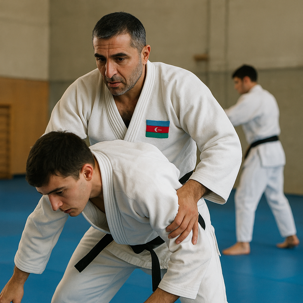 An Azerbaijani judo coach guides a national-team athlete through a precise technique during daily