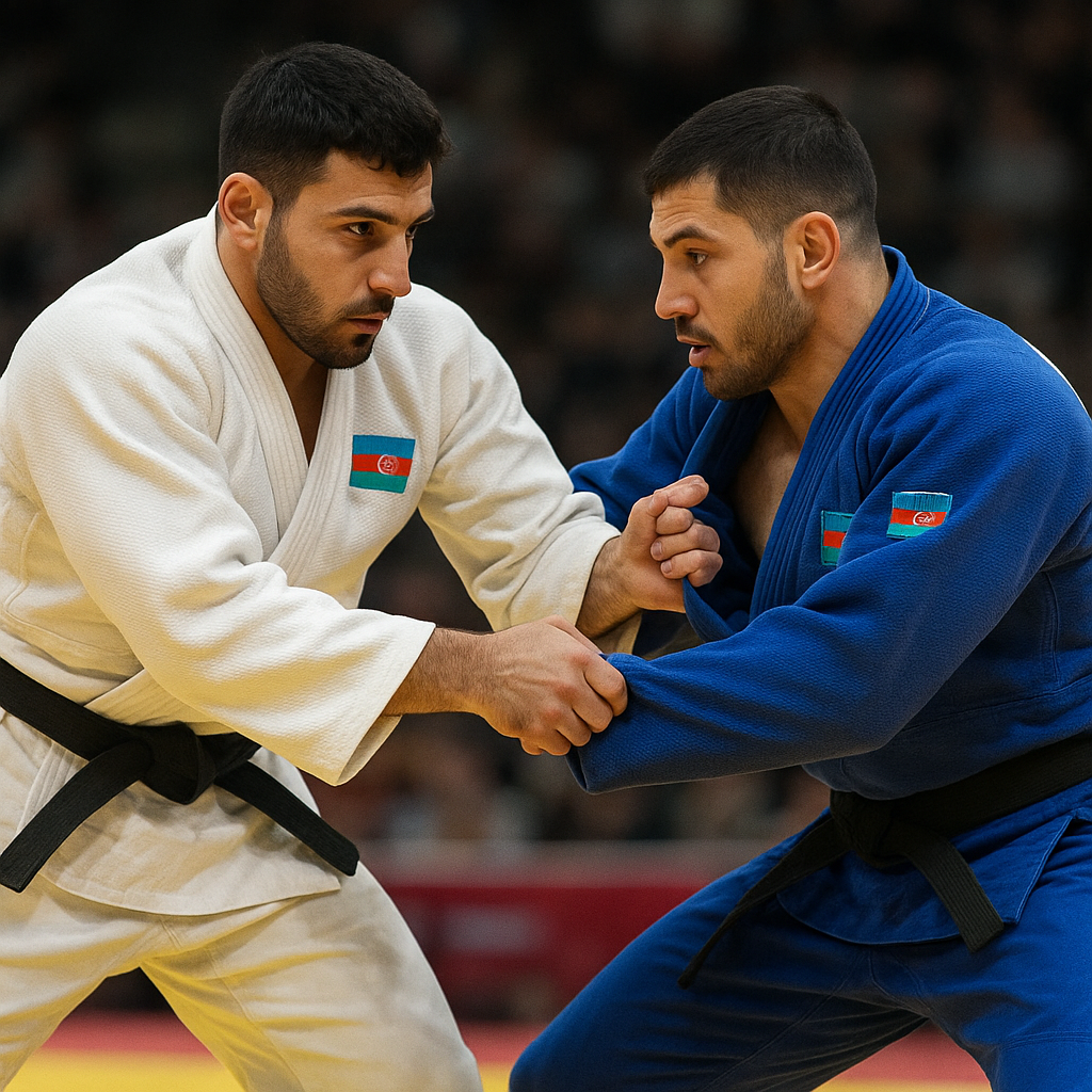 Azerbaijani judoka in blue grips an opponent’s judogi and searches for a tactical opening