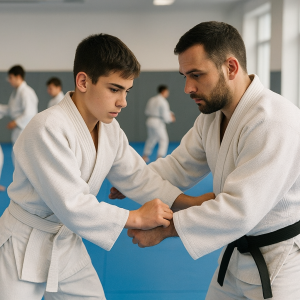 A young Azerbaijani judoka trains with a coach as other athletes practice in the