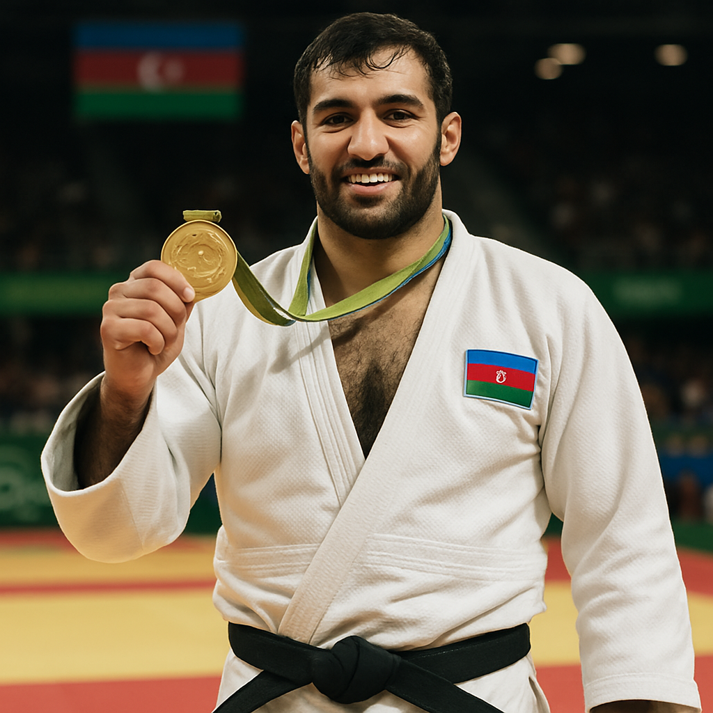 An Azerbaijani judoka celebrates an Olympic gold medal on the competition mat.