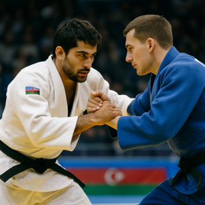 An Azerbaijani judoka grips a European opponent during a tense exchange at the European