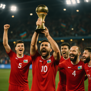 Azerbaijan’s minifootball team celebrates winning the World Cup final in Baku, lifting the trophy