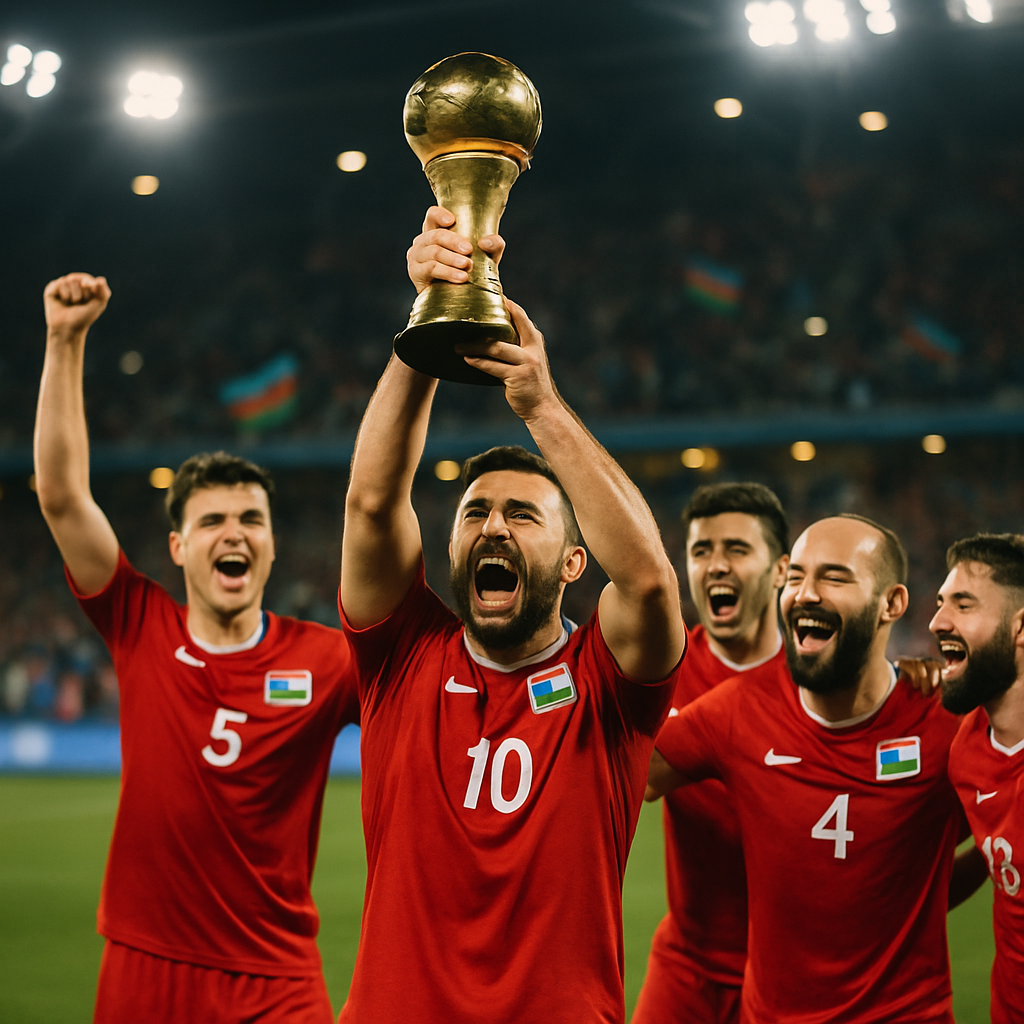 Azerbaijan’s minifootball team celebrates winning the World Cup final in Baku, lifting the trophy