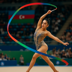 An Azerbaijani rhythmic gymnast performs with a ribbon at an indoor competition.