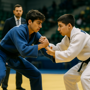 Young Azerbaijani judokas spar on the tatami at a championship, working toward a place