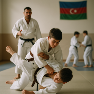 Young Azerbaijani judoka practices a throw with a teammate as their coach watches in
