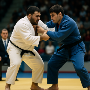 Two Azerbaijani judoka of contrasting builds fight for grip during a tense championship match.