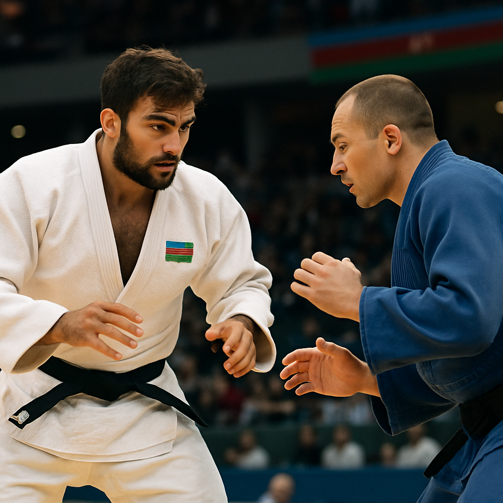 An Azerbaijani judoka tests their preparation against a strong opponent at an international tournament